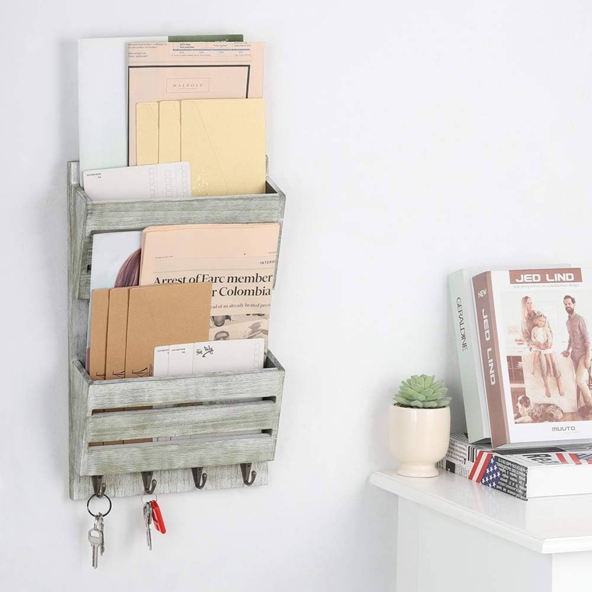 NEX™ 16" Olive Green Wood Wall-Mounted Mail & Key Holder Organizer with 4 Key Hooks